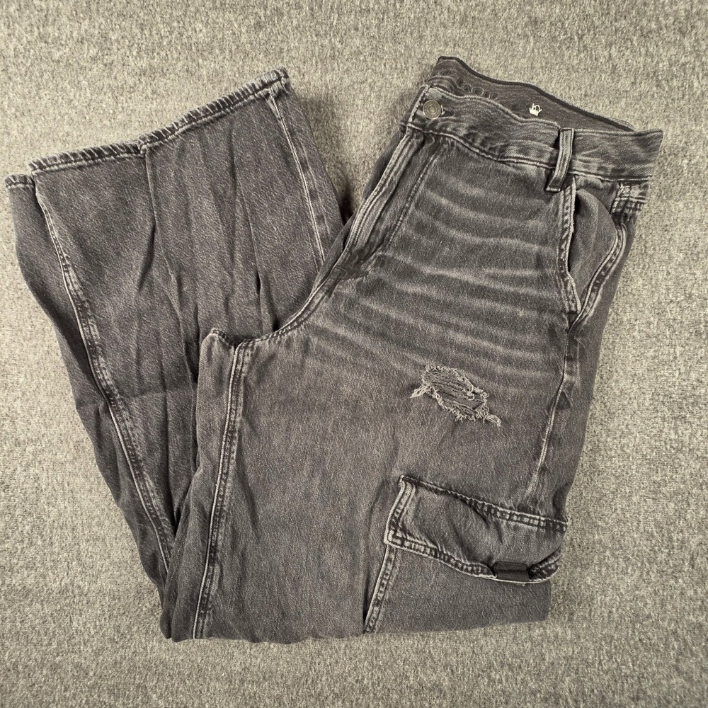 American Eagle Baggy Jeans Womens 16 Black Cargo Wide Leg Distressed High Rise